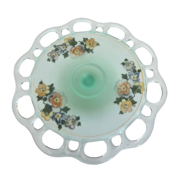 Lancaster Glass Footed Plate Green Satin Glass Open Lace Reverse Painted Floral - Picture 1 of 12